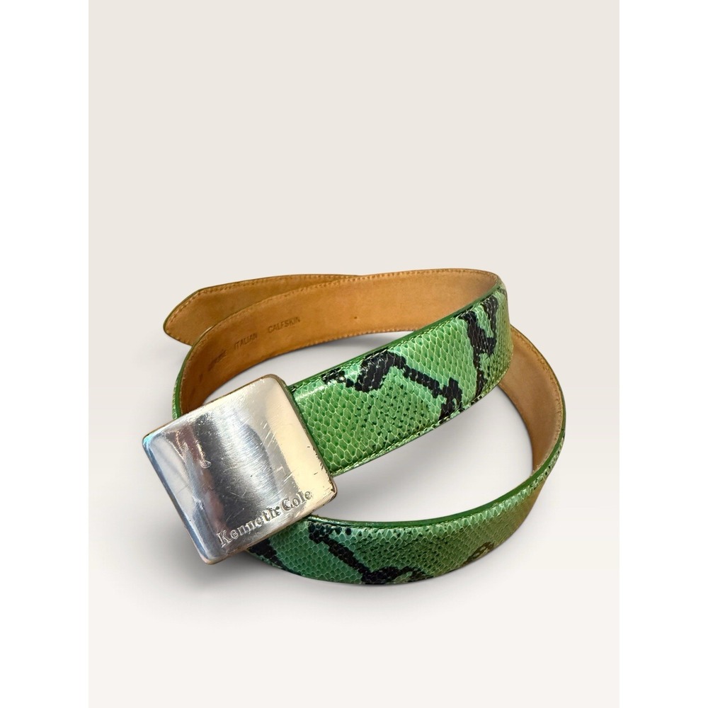 VTG Kenneth Cole Italian Belt Leather Snakeskin Print Green & Black Size Medium